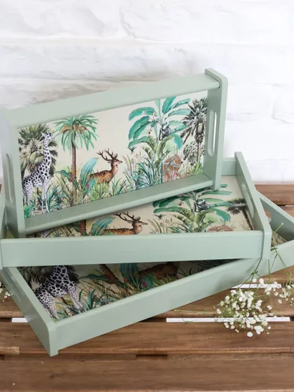 A set of three nested trays with our signature Savanna jungle print. These are perfect for adding a touch of adventure to your hosting, whether indoors or out.