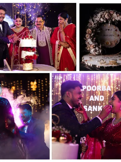 A collage from the reception, showing the cake-cutting with family, the couple feeding each other, and beautiful details of their rings. It’s a perfect summary of a night filled with love and celebration.