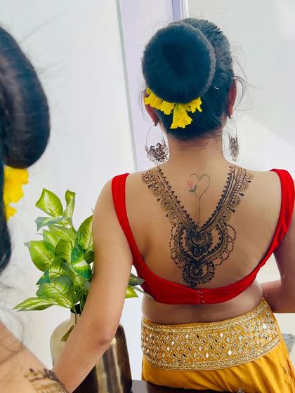 A reflection shot of the back mehndi, showing both the design and its mirror image. A creative way to capture this unique art.