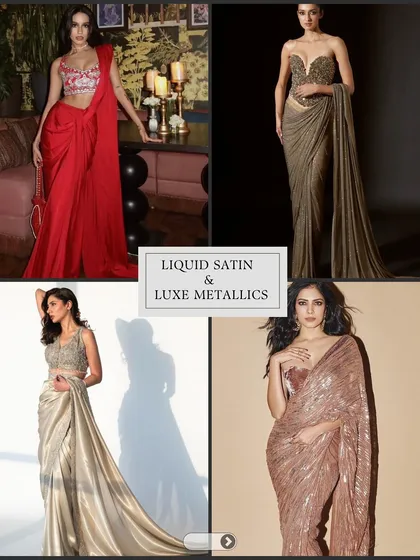 A closer look at the liquid satin and luxe metallics trend for bridesmaids. These sarees are perfect for a cocktail or reception event, offering a look of pure glamour.