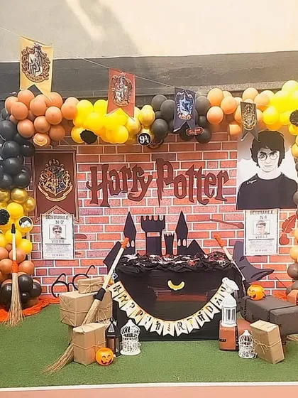 Welcome to Hogwarts! For all the little wizards and witches, I create a magical Harry Potter world. This setup includes the iconic brick wall backdrop, house banners, and all the little details for an enchanting birthday experience.