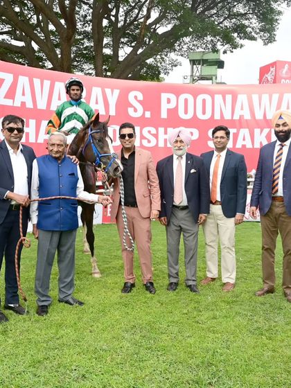 Sovereign King, winner of The Zavaray S. Poonawalla Colts Championship Stakes (GR I), with jockey S. Antony Raj.