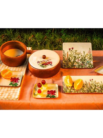 A wider view of the outdoor picnic setup, showing the full collection of tableware on the table. This is a great hero shot for a home decor or tableware brand.