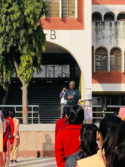 Leading a session from the steps of the school building at SKV Noor Nagar. I adapt my training to any space available to ensure the students get the most out of our time together.