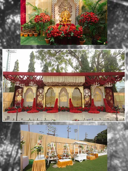A collage of decor elements from a royal-themed wedding. It includes a Ganesha idol surrounded by red flowers, a grand stage with traditional arches, and a separate, more relaxed outdoor seating area.