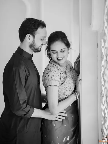 A classic and timeless black and white portrait. This photo of Sayali and Siddhesh highlights the emotion and connection, free from the distraction of color.