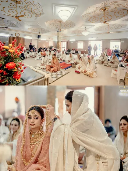 A collage showing the serene atmosphere of the Anand Karaj ceremony inside the Gurudwara and a touching moment of a family member adjusting the bride's veil.