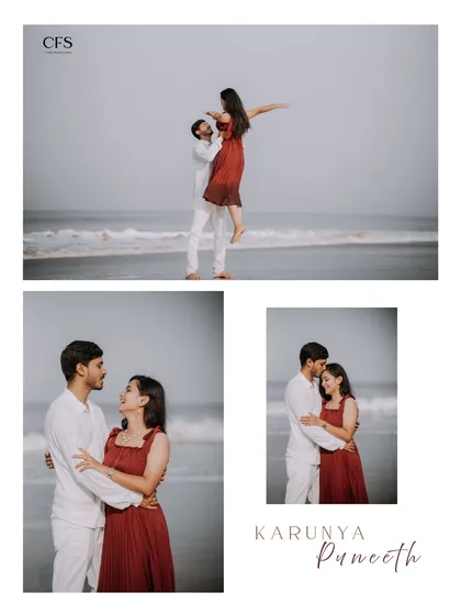 A series of portraits from a beach shoot, highlighting the couple's playful and loving interactions, from him lifting her up to their shared glances.