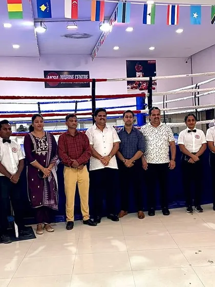Officials and organizers of the Thane District Boxing Association's ICCBS tournament posing in front of our ring.