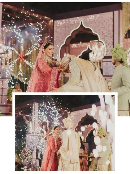 A collage capturing the playful and joyous moments of the Varmala ceremony, complete with sparklers and happy faces.