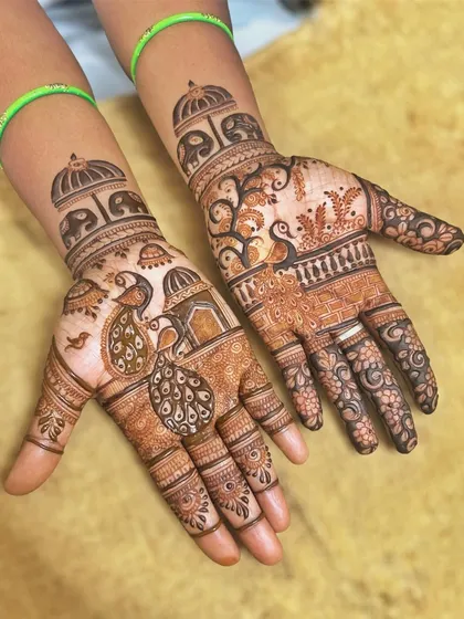 This design showcases a variety of my favorite motifs in one. It includes peacocks, elephants, and palace domes, all tied together with intricate floral and geometric patterns for a full and festive look.