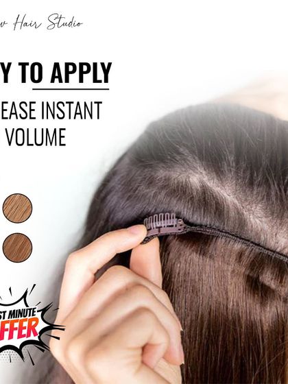 This graphic highlights how easy our clip-in extensions are to apply for instant hair volume, with multiple color options available.