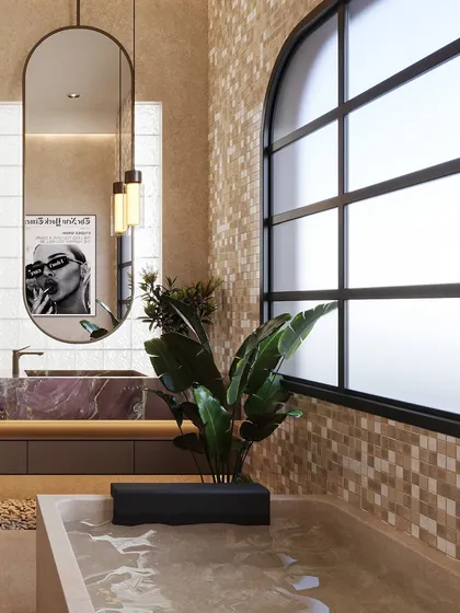The area around the bathtub features a mosaic tile wall and a large, arched window, creating a perfect spot for a quiet, indulgent soak.