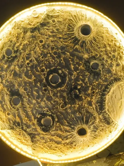 A close-up of the moon art with warm, golden backlighting. The detailed texture of the craters really stands out, making it look incredibly realistic.
