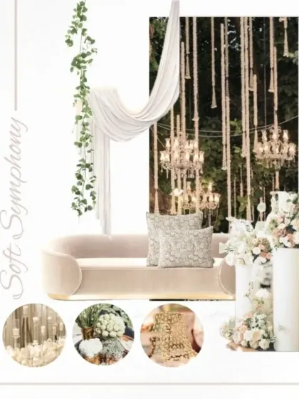 This mood board shows the conceptualization of an ivory wedding, from the floral arrangements and seating to the overall ambiance. It's the first step in turning a dream into a detailed design.