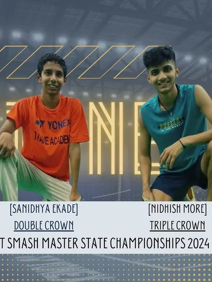 Sanidhya Ekade and Nidhish More celebrating their impressive haul of five titles combined at the Sidhant Smash Master State Championships in Pune.
