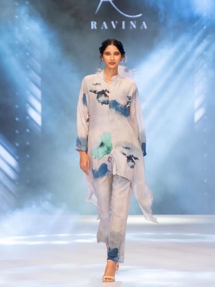 A soft, ethereal makeup look for designer Ravina Belani at The Luxo Show. The look was kept minimal and fresh to complement the watercolor-inspired print.
