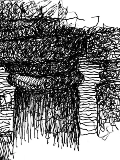 A sketch by architect Peter Rich, capturing the spirit of the Wageshwar Temple restoration. The temple, submerged by monsoon rains, reveals itself in the winter, a powerful demonstration of the cyclical relationship between nature and structure.