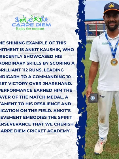 Ankit Kaushik's brilliant 112 runs led Chandigarh to a 10-wicket victory. His performance, earning him the player of the match, embodies the spirit of perseverance we cherish.