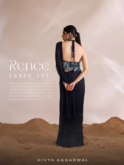 The Renee Saree Set in navy, featuring a backless design and a mesmerizing silhouette, perfect for your starry rendezvous.