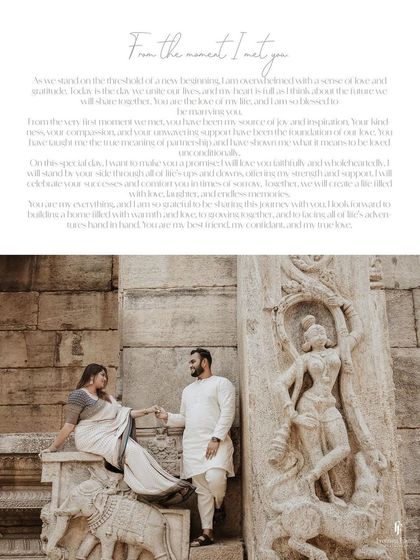 A stunning portrait of a couple at a temple, overlaid with a heartfelt message about their love story.