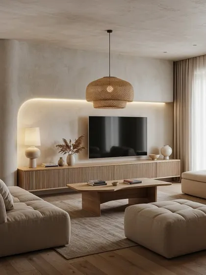 A minimalist Japandi living room with curved architectural details, soft, comfortable sofas, and a large rattan pendant light.