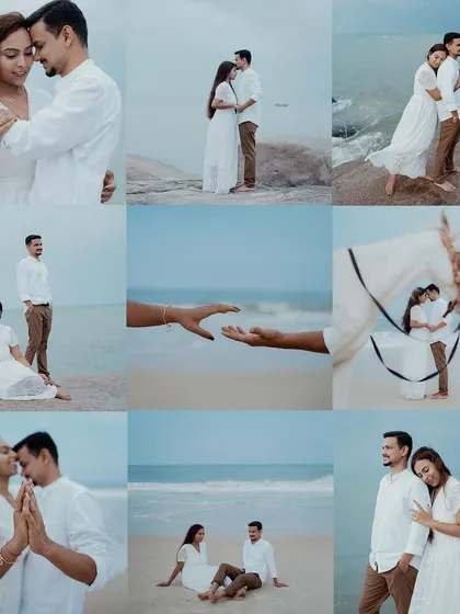 A collage showcasing the variety of moments captured during a single beach photoshoot, from posed portraits to candid interactions.