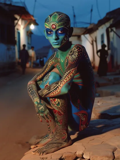 A crouching 'Metaform' character, their body covered in detailed, flowing designs. The lighting and posture are meant to create a sense of mystique.