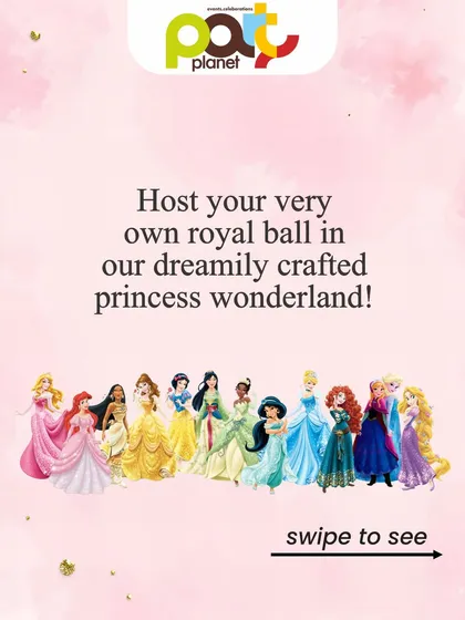 An invitation to host your own royal ball in our dreamily crafted princess wonderland, showcasing the iconic Disney princesses.