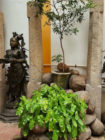 A tranquil courtyard in Pondicherry with lush plants and bronze statues.
