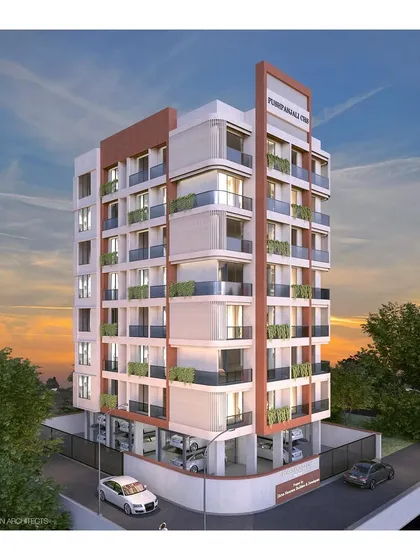 This 3D visualization showcases our architectural design for an upcoming residential building in Panvel. Our approach to facade design involves creating a modern, dynamic exterior with clean lines, balanced materials, and integrated green spaces for every home.