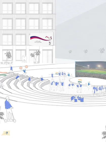 Public spaces should be dynamic and adaptable. This sketch illustrates how the amphitheater at CBD 79 can be used for large community events like live sports screenings, bringing people together and fostering a sense of shared experience.