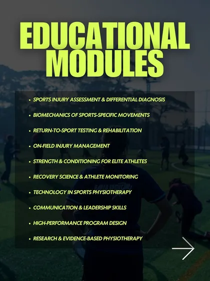 Our internship curriculum is structured and comprehensive. This graphic lists the educational modules covered, including sports injury assessment, biomechanics, return to sport testing, and high-performance program design. We ensure our interns gain a deep, evidence-based understanding of sports physiotherapy.