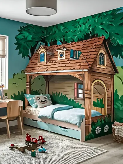 We turn dreams into reality with enchanting themed beds like this treehouse design. Paired with a vibrant wall mural, it creates an immersive forest adventure, while the built-in drawers underneath offer practical storage for toys and clothes.
