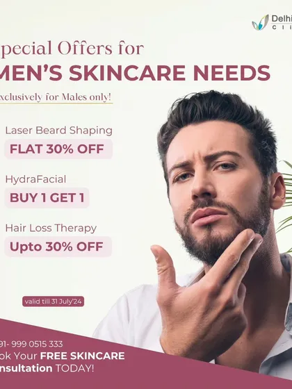 We have special offers tailored for men's grooming needs. This includes our popular HydraFacial, which is perfect for deep cleansing and revitalizing the skin, alongside services like laser beard shaping.
