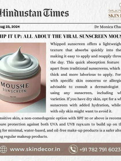 The viral whipped sunscreen trend was a topic I discussed in the Hindustan Times. I provided my expert opinion on its effectiveness and what to look for to ensure you are getting proper sun protection.