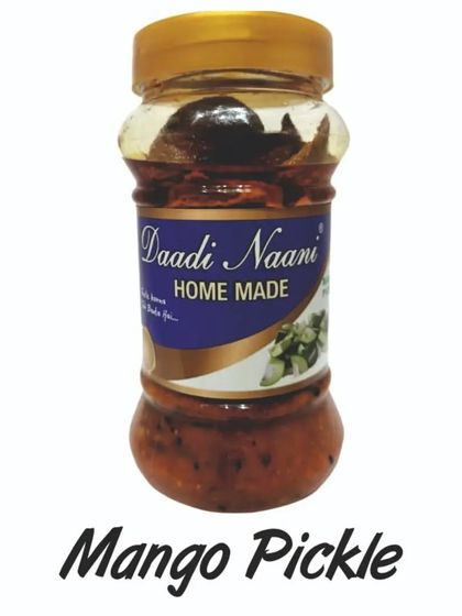 A clean product shot of our homemade Mango Pickle. The simple packaging reflects the pure and honest ingredients inside.