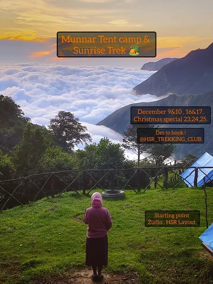 A poster for the Munnar tent camp and sunrise trek, highlighting the key attractions and booking dates.