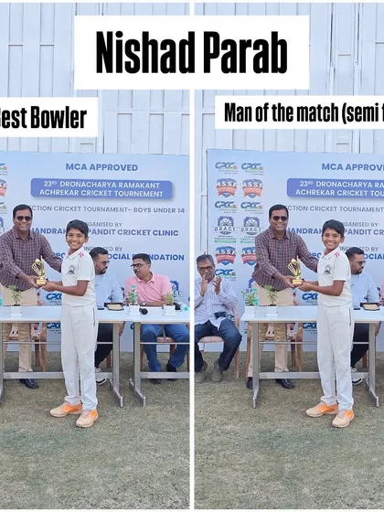 Nishad Parab receiving his 'Best Bowler' and 'Man of the Match' awards for his stellar performance in the semi-finals of the Achrekar tournament.