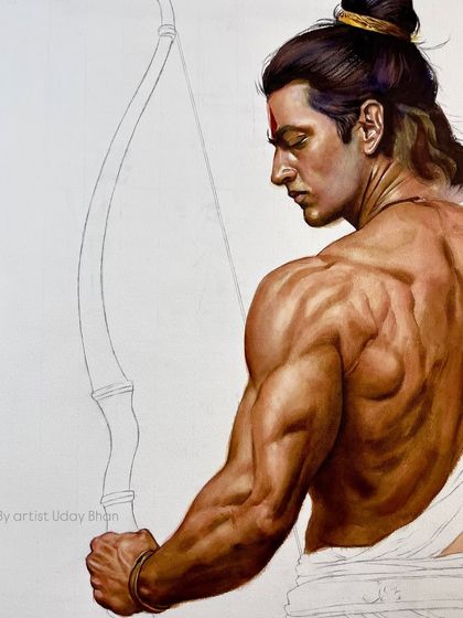 A close-up of the Shree Ram work-in-progress. This painting is my attempt to connect with his essence of righteousness and grace. Jai Shree Ram.