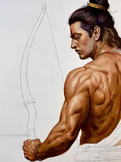 A close-up of the Shree Ram work-in-progress. This painting is my attempt to connect with his essence of righteousness and grace. Jai Shree Ram.
