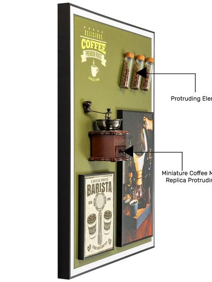 This side view highlights the protruding elements of the Coffee Legacy shadow box, showing the miniature coffee machine replica and other 3D details that bring the piece to life.
