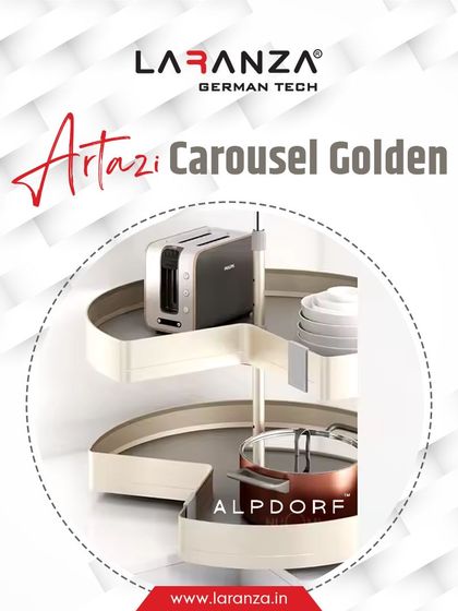 The Artazi Carousel in a golden finish unlocks hidden space with elegance. This rotating system makes items in corner cabinets easy to see and retrieve.