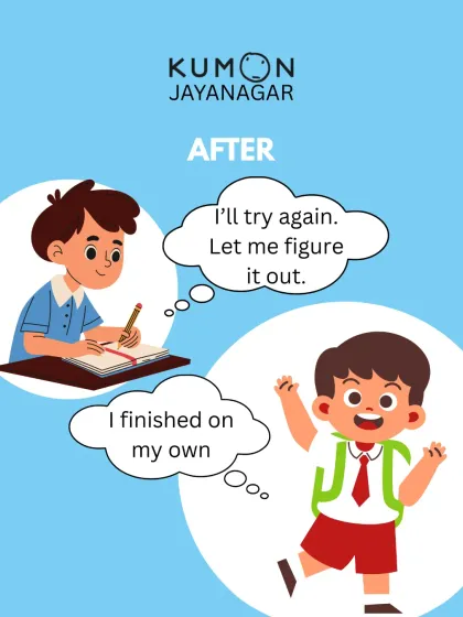 This illustrates the transformation we aim for. We help children shift their mindset from "I need help" to "Let me figure it out." The goal is for them to feel the pride of finishing their work on their own, building confidence with every step.