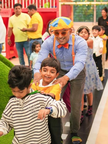 All aboard the fun train with Blippi. Leading the kids in games and activities is a key part of the entertainment we can provide.