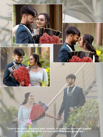 A collage-style album layout that captures multiple moments from a couple's photoshoot. This design shows a variety of poses, from romantic close-ups to a happy, walking shot.