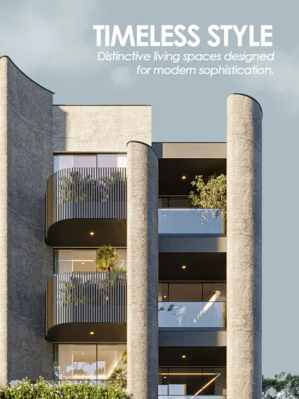 This facade showcases timeless style with distinctive living spaces designed for modern sophistication. The use of textured materials and integrated planters on the balconies brings a natural element to the urban environment.