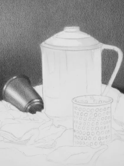 A work-in-progress shot of the "Echoes of Everyday" still life, with the background and some objects partially rendered.
