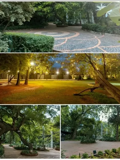 The enchanting, naturally landscaped pathways and lawns of Mukta, illuminated by fairy lights. This venue offers numerous picturesque spots perfect for evening celebrations and wedding photography.
