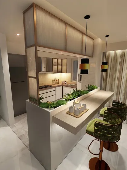 This 3D concept illustrates an open kitchen with a floating breakfast counter that incorporates planters. It's a great way to bring greenery indoors and create a natural divide.